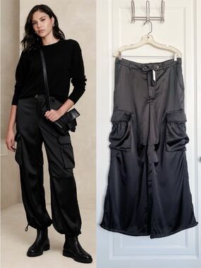 Banana Republic • Satin Parachute Pant black wide leg cargo pockets